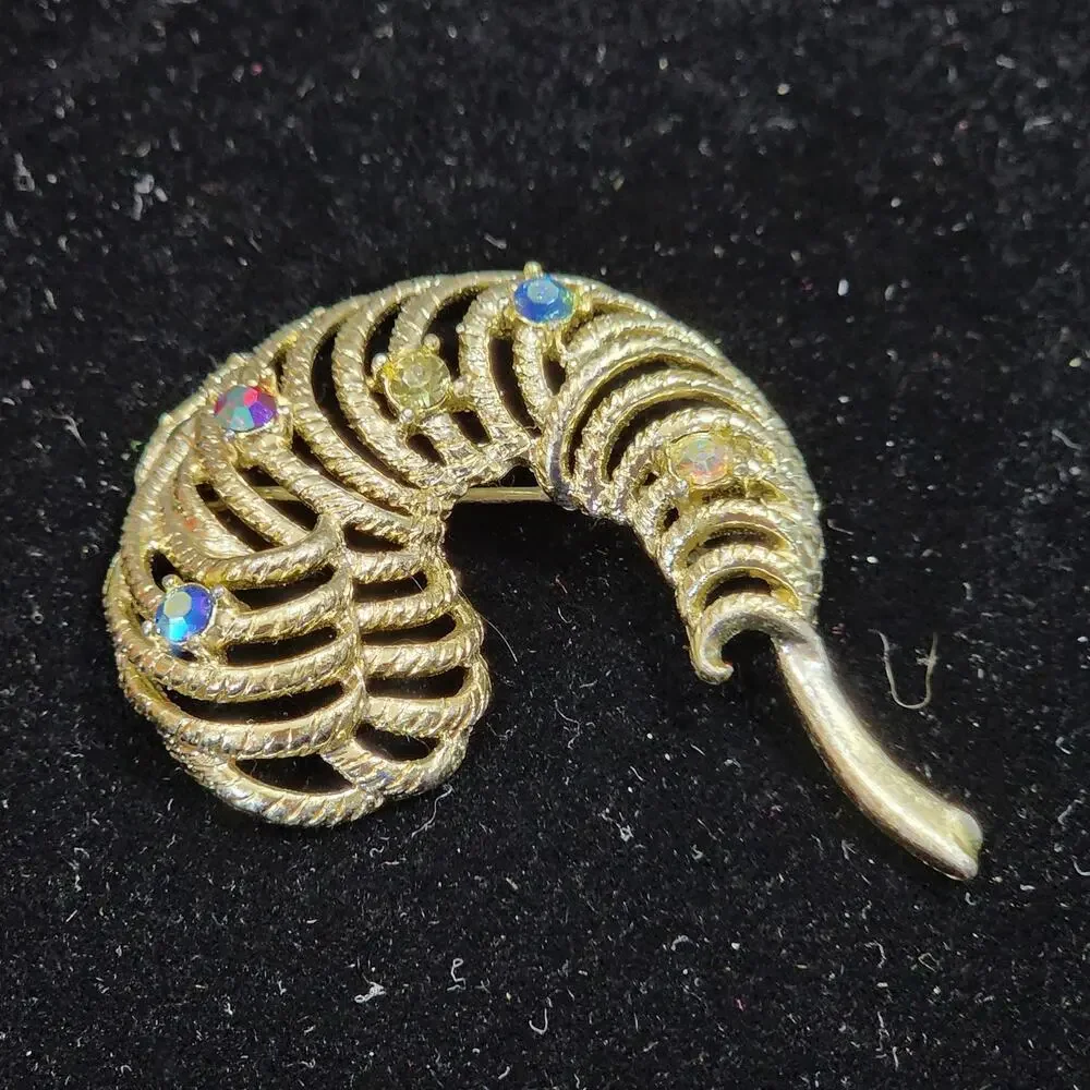 Feather Plume Aurora  Borealis Rhinestone Brooch Gold Tone C Hook Latch Vintage